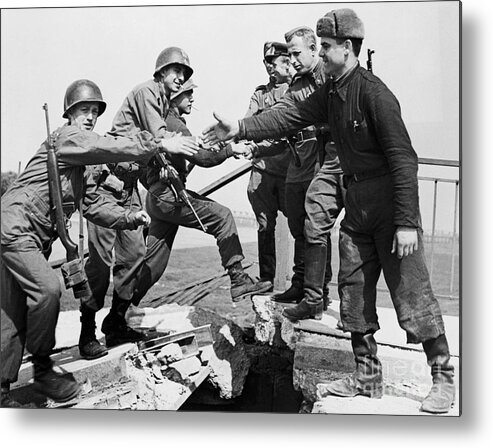 Rifle Metal Print featuring the photograph American And Russian Troops Meeting by Bettmann
