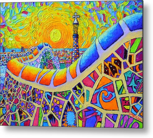Barcelona Metal Print featuring the painting BARCELONA SUNRISE PARK GUELL textural impressionist impasto knife oil painting by Ana Maria Edulescu by Ana Maria Edulescu