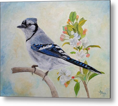 Blue Jay Metal Print featuring the painting Blue Jay Among Apple Blossoms by Angeles M Pomata