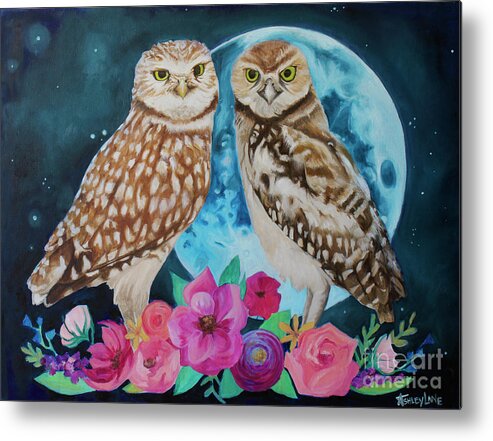 Owls Metal Print featuring the painting Blue Moon Blooming by Ashley Lane