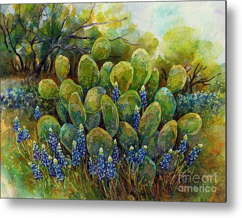 Cactus Metal Print featuring the painting Bluebonnets and Cactus 2 by Hailey E Herrera