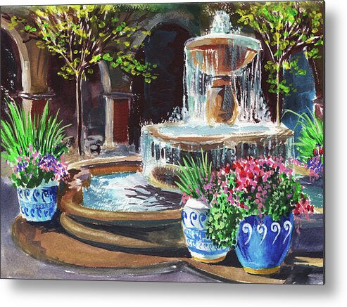 Courtyard Metal Print featuring the painting Cascading Fountain Summer Garden by Irina Sztukowski