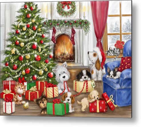 Christmas Dogs And Cats Metal Print featuring the mixed media Christmas Dogs And Cats by Makiko