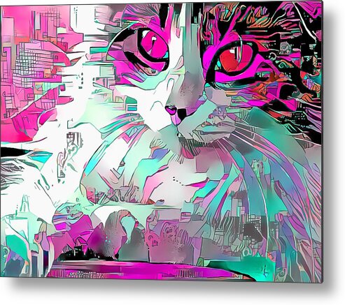 Pink Metal Print featuring the digital art Colorful Pink Cat Etch by Don Northup