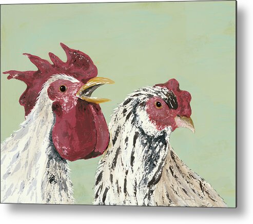 Animals Nature Metal Print featuring the painting Four Roosters White Chickens by Jade Reynolds