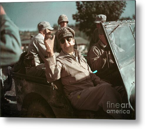 Mature Adult Metal Print featuring the photograph General Douglas Macarthur Riding In Jeep by Bettmann