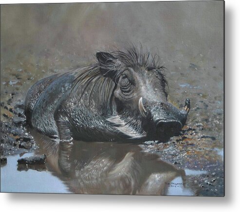Wild Boar / Hog In A Puddle Metal Print featuring the painting Hog In Heaven 2012 by Pip Mcgarry