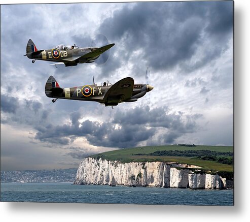 Aircraft Metal Print featuring the photograph Homeward Bound Spitfires Over The White Cliffs Of Dover by Gill Billington