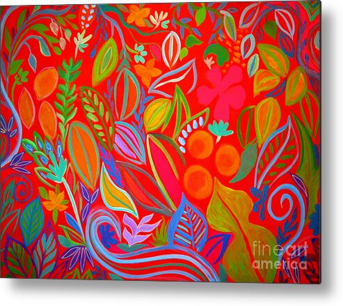 It's A Beautiful Day Painting By A Hillman Tropical Island Paradise Hana Maui Hawaii Psalm 118 This Is The Day The Lord Has Made Rejoice And Be Glad In It Whimsical Naïve Fruit Branches Leaves Spring Summer Oranges Lemons Hibiscus Acrylic Floral Flowers Rejoicing In This Day Joy Bright Bold Color Abstract Design Pattern Red Background Summer Fruits Oranges Lemons Praise To The King Of Kings And Lord Of Lords Yeshua Messiah Yahweh Jesus Yah Alleluia Metal Print featuring the painting It's a Beautiful Day by A Hillman