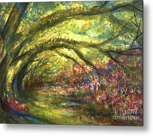 Impressionistic Floral Landscape Louisiana Watercolor Abstract Impressionism Water Bayou Lake Verret Blue Set Design Iris Abstract Painting Abstract Landscape Purple Trees Fishing Painting Bayou Scene Cypress Trees Swamp Bloom Elegant Flower Watercolor Coastal Bird Water Bird Interior Design Imaginative Landscape Oak Tree Louisiana Abstract Impressionism Set Design Fort Worth Texas Metal Print featuring the painting LusciousPath by Francelle Theriot