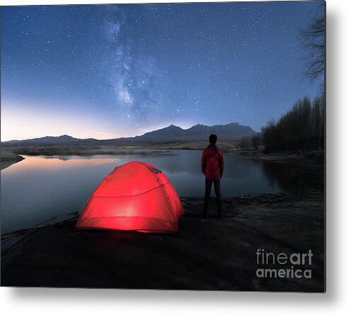 Tranquility Metal Print featuring the photograph Man Standing By Lake Against Clear by Xuanyu Han