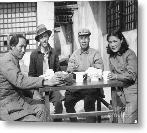 Zhu De Metal Print featuring the photograph Mao Tse Tung, Wife, Others Seated At Tab by Bettmann