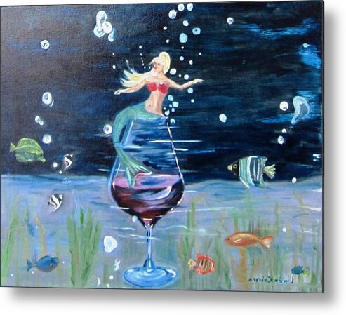 Cocktail Metal Print featuring the painting Mermaid wining under the sea by Linda Cabrera