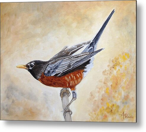 American Robin Metal Print featuring the painting Morning Stretch American Robin by Angeles M Pomata