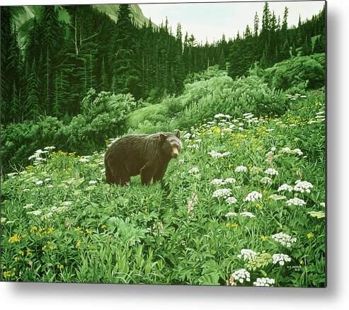 A Black Bear Standing In A Meadow Of Flowers Metal Print featuring the painting Old Man Of The Mountain- Black Bear by Ron Parker