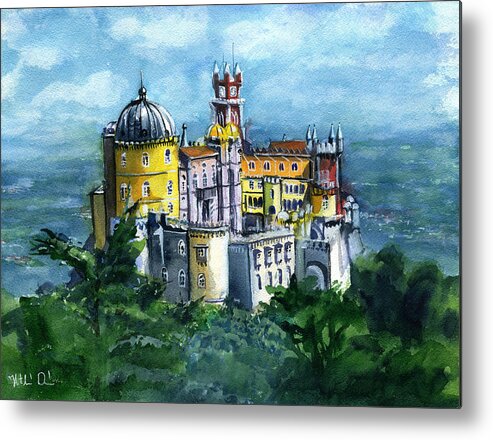 Lisboa Metal Print featuring the painting Pena National Palace in Sintra Portugal by Dora Hathazi Mendes