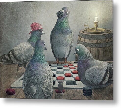 Pigeons Metal Print featuring the drawing Pigeons Playing Checkers by Eric Fan