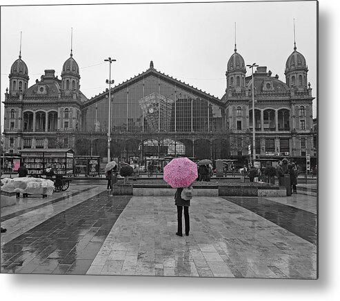 Color Splash Metal Print featuring the photograph Pink Umbrella Budapest by Tito Slack