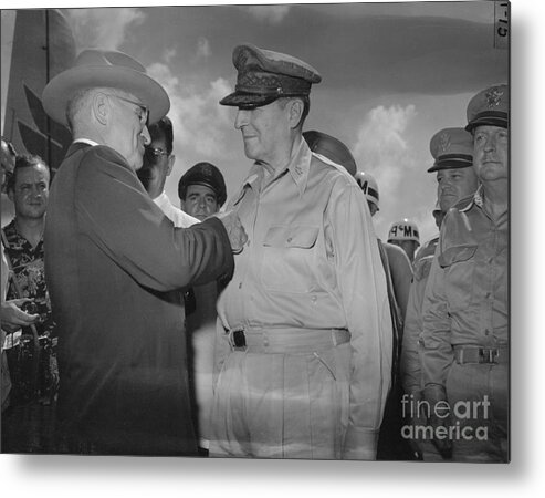 People Metal Print featuring the photograph President Truman Placing Medal by Bettmann