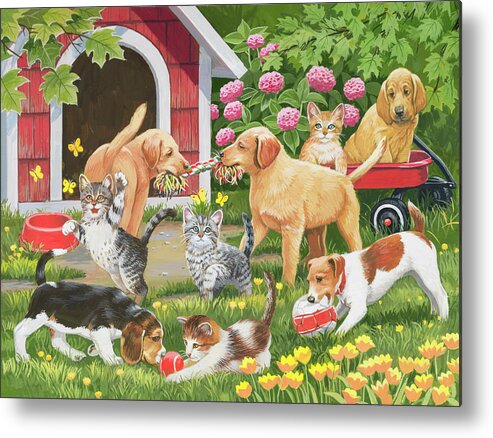 Puppies And Kittens - Spring And Summer Theme Metal Print featuring the painting Puppies And Kittens - Spring And Summer Theme by William Vanderdasson