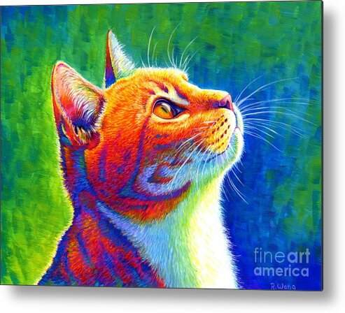 Cat Metal Print featuring the painting Anticipation - Psychedelic Rainbow Tabby Cat by Rebecca Wang