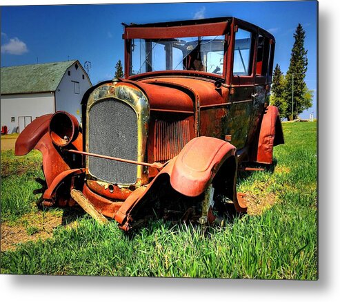 Ford Banger Old Car Spokes Rust Red Barn Old Car Rust Bucket Vintage  Metal Print featuring the photograph Rusty by David Matthews
