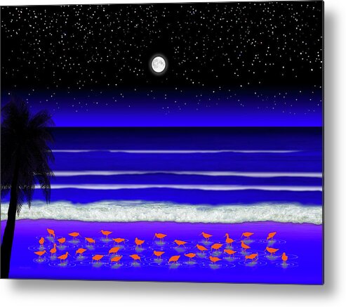 Nighttime At The Beach Metal Print featuring the painting Shorebirds / Manhattan Beach, California by David Arrigoni