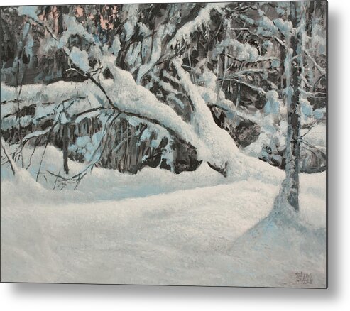 Winter Landscape Metal Print featuring the painting Snow Scene in the Forest by Hans Egil Saele