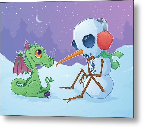 Cartoon Metal Print featuring the digital art Snowman and Dragon by John Schwegel
