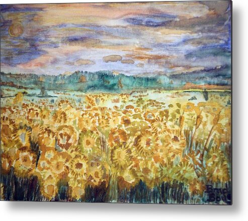 Flowers Sun Flowers Nature Bright Purple Yellow Landscape Night Sunset Beautiful Metal Print featuring the painting Sunflowers at Night by Bradley Boug