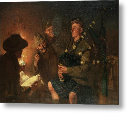 The Pipes By Firelight Metal Print featuring the painting The Pipes by Firelight by Fred Roe