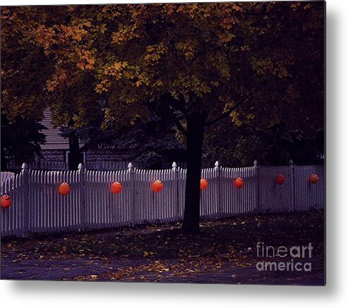 Halloween Metal Print featuring the photograph Trick or Treat Trail Pumpkins White Picket Fence Autumn Tree by Frank J Casella