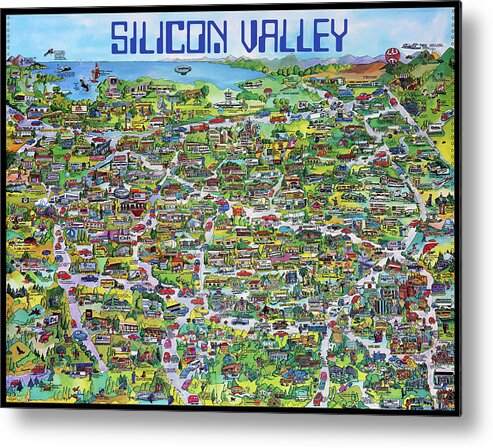 Silicon Valley Metal Print featuring the mixed media Vintage 1982 Silicon Valley USA Poster Print, Shows Many Historic Companies and Places by Kathy Anselmo