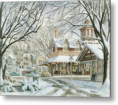 Small Town Train Station Metal Print featuring the painting Waiting For The 4:15 by Stanton Manolakas