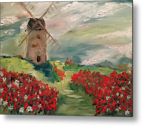Windmill Metal Print featuring the painting Windmill in a Poppy Field by Roxy Rich