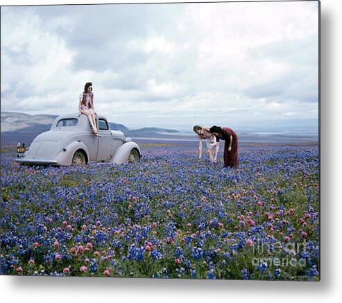 Vintage Metal Print featuring the photograph Women Picking Daisies In Meadow With 1930s Vehicle by Retrographs