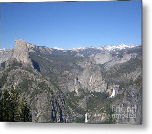 Yosemite Metal Print featuring the photograph Yosemite National Park Half Dome Twin Waterfalls Snow Capped Mountains Clear Blue Sky by John Shiron