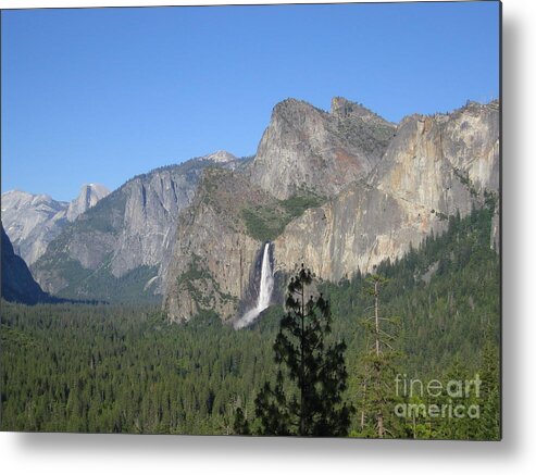 Yosemite Metal Print featuring the photograph Yosemite Valley Yosemite National Park Bridal Veil Falls and Half Dome A Panoramic View by John Shiron