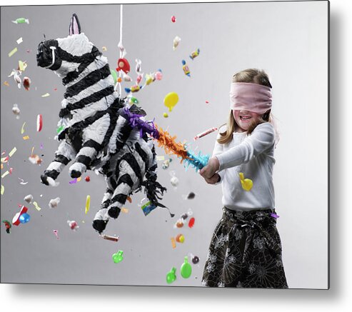 4-5 Years Metal Print featuring the photograph Young Girl Hitting Pinata, Candy Flying by Ryan Mcvay