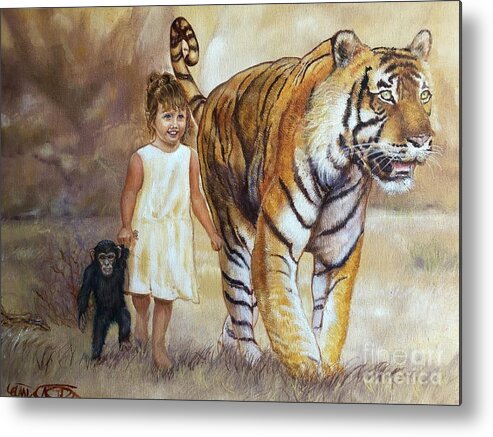 Oil Painting Metal Print featuring the painting Zaiden, Lexi and Dylan Morning Stroll by Leland Castro