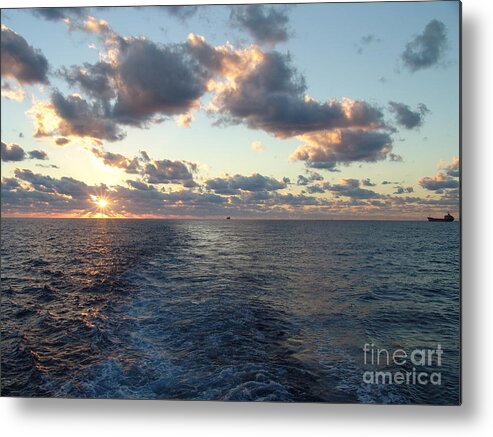 #gulfofmexico #underway #highseas #evening #dusk #sunset #nightfall #clouds #cloudy #tealskies #peachskies #wake #sprucewoodstudios Metal Print featuring the photograph Trails in the Sea by Charles Vice
