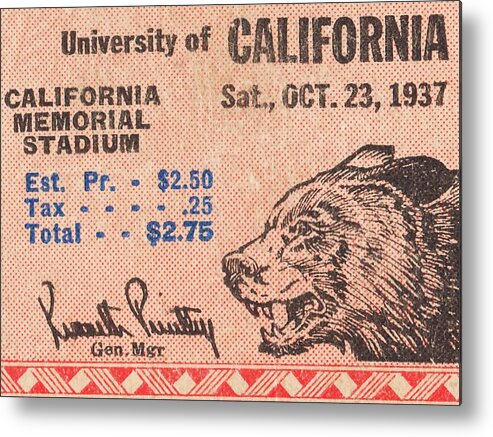 California Metal Print featuring the mixed media 1937 Cal Bears Football Ticket Remix Art by Row One Brand