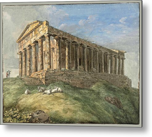 Jacob Philipp Hackert Metal Print featuring the drawing A view of the Temple of Concordia at Agrigento, with two figures and goats in the foreground by Jacob Philipp Hackert