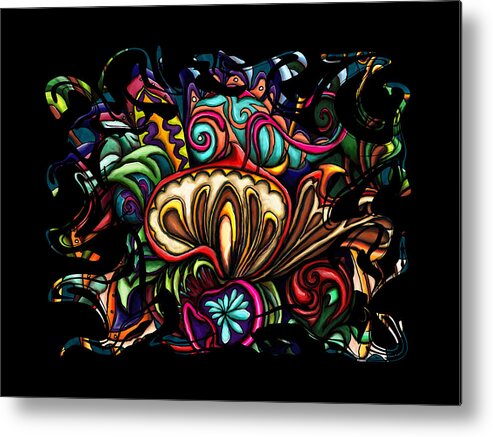 Mushroom Metal Print featuring the painting Abstract chameleon on red mushrooms, swirly colorful by Nadia CHEVREL