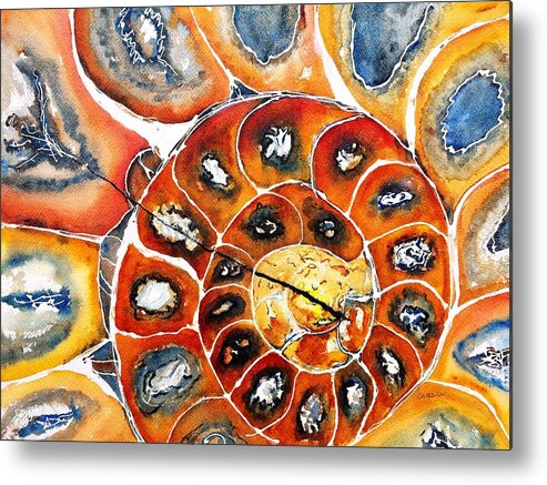 Ammonite Metal Print featuring the painting Ammonite Fossil Shell by Carlin Blahnik CarlinArtWatercolor