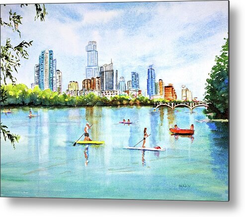 Austin Metal Print featuring the painting Austin Texas Skyline from Lou Neff Point by Carlin Blahnik CarlinArtWatercolor