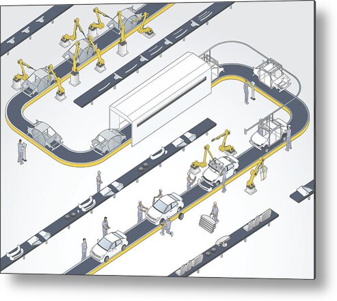 People Metal Print featuring the drawing Auto Assembly Line Illustration by Mathisworks