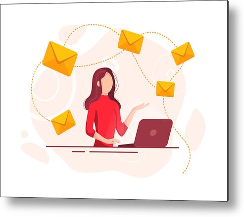 Working Metal Print featuring the drawing Beautiful cheerful young businesswoman working on laptop. E-mail and communication concept. by Rambo182