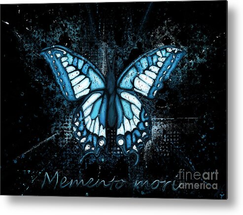 Butterfly Wings Metal Print featuring the painting Blue butterfly painting on black background, Morpho butterfly by Nadia CHEVREL