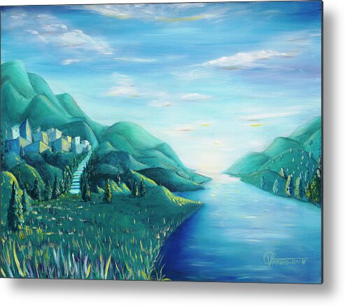 Dream In The Morning By The Lake Where The Light Merges The Sea With The Sky. Metal Print featuring the painting Blue Morning by the Lake by Valerie Graniou-Cook